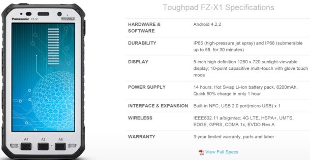 Toughpad FZ-X1 Specifications