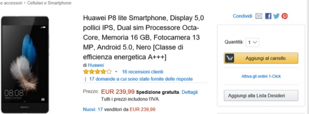 Offerta Amazon Huawei P8 Lite
