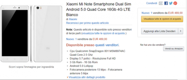 Offerta Amazon Xiaomi Mi Note