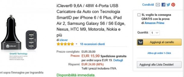 Offerta Amazon: Caricatore da auto iClever 4-porta USB